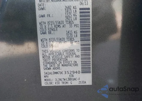 2013 Infiniti Jx35 из США, поврежденный, VIN 5N1AL0MM7DC352940